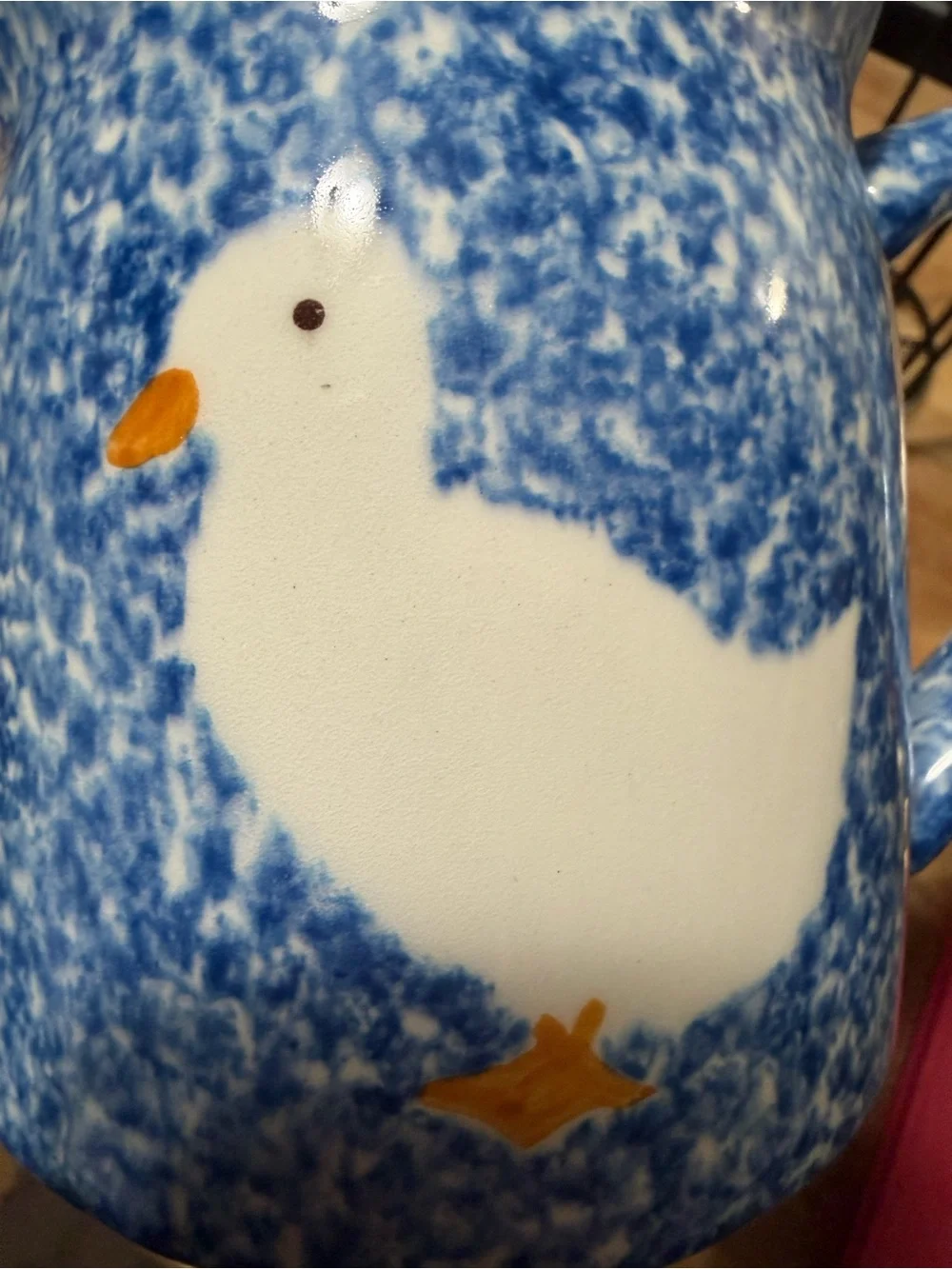 Vintage Blue Speckled Ceramic Creamer with Seagull Motif